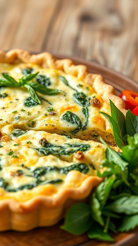 A slice of spinach quiche with a golden crust and creamy filling, garnished with herbs, on a wooden table next to a fresh salad.
